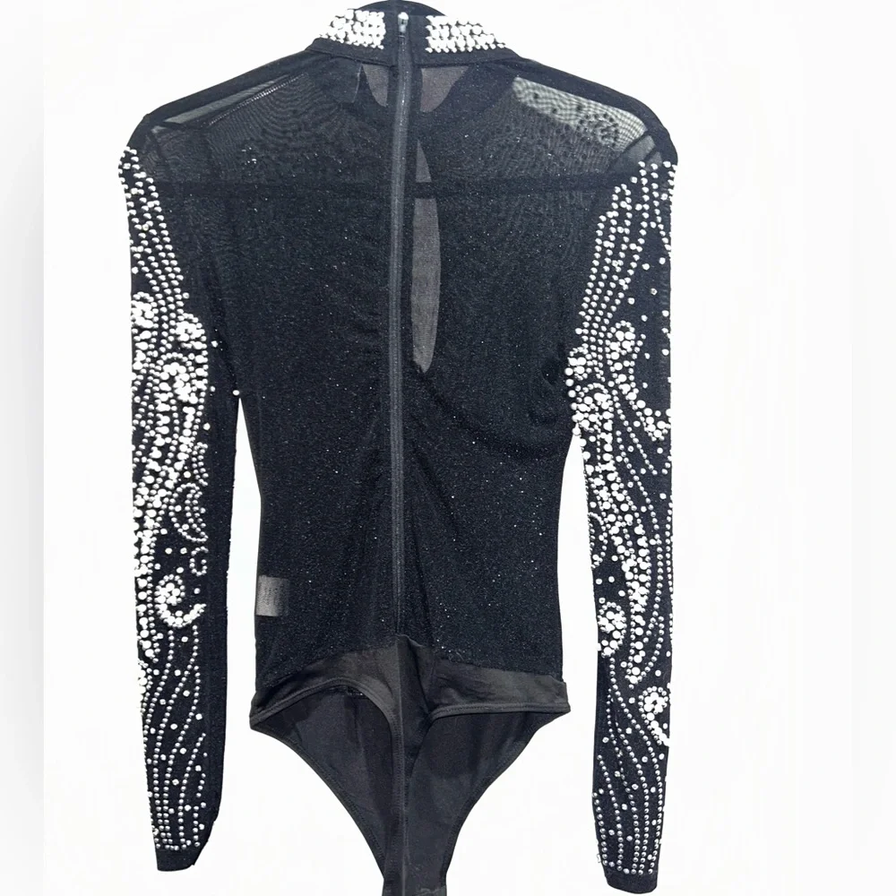 Small Chic Black mesh sheer pearls S Embellished Bodysuit - Picture 6 of 11